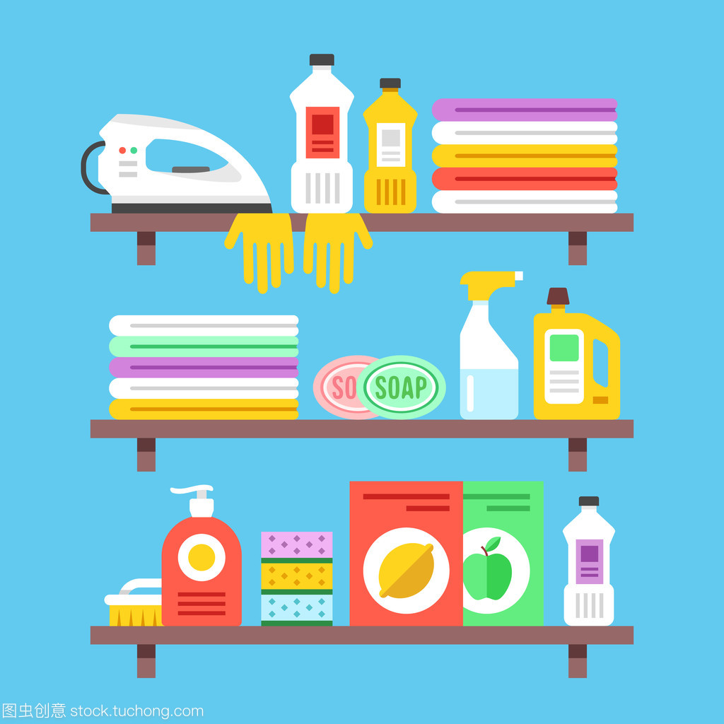 家居清洁产品、 化学品、 用品和货架上的对象。平面设计矢量图